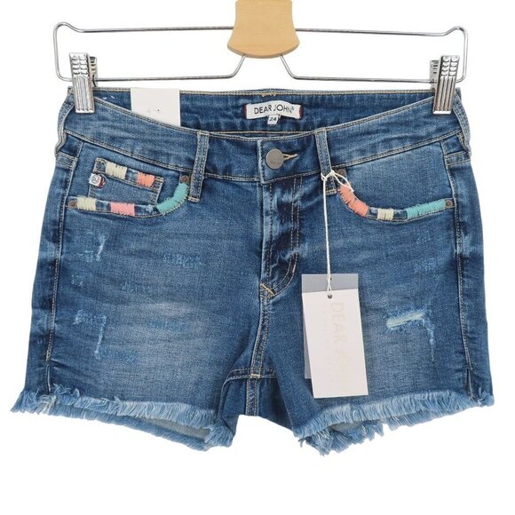 Dear John Women 24 Bloomfield Embroidered Distressed Hem Denim Jean Shorts NEW - Picture 11 of 11